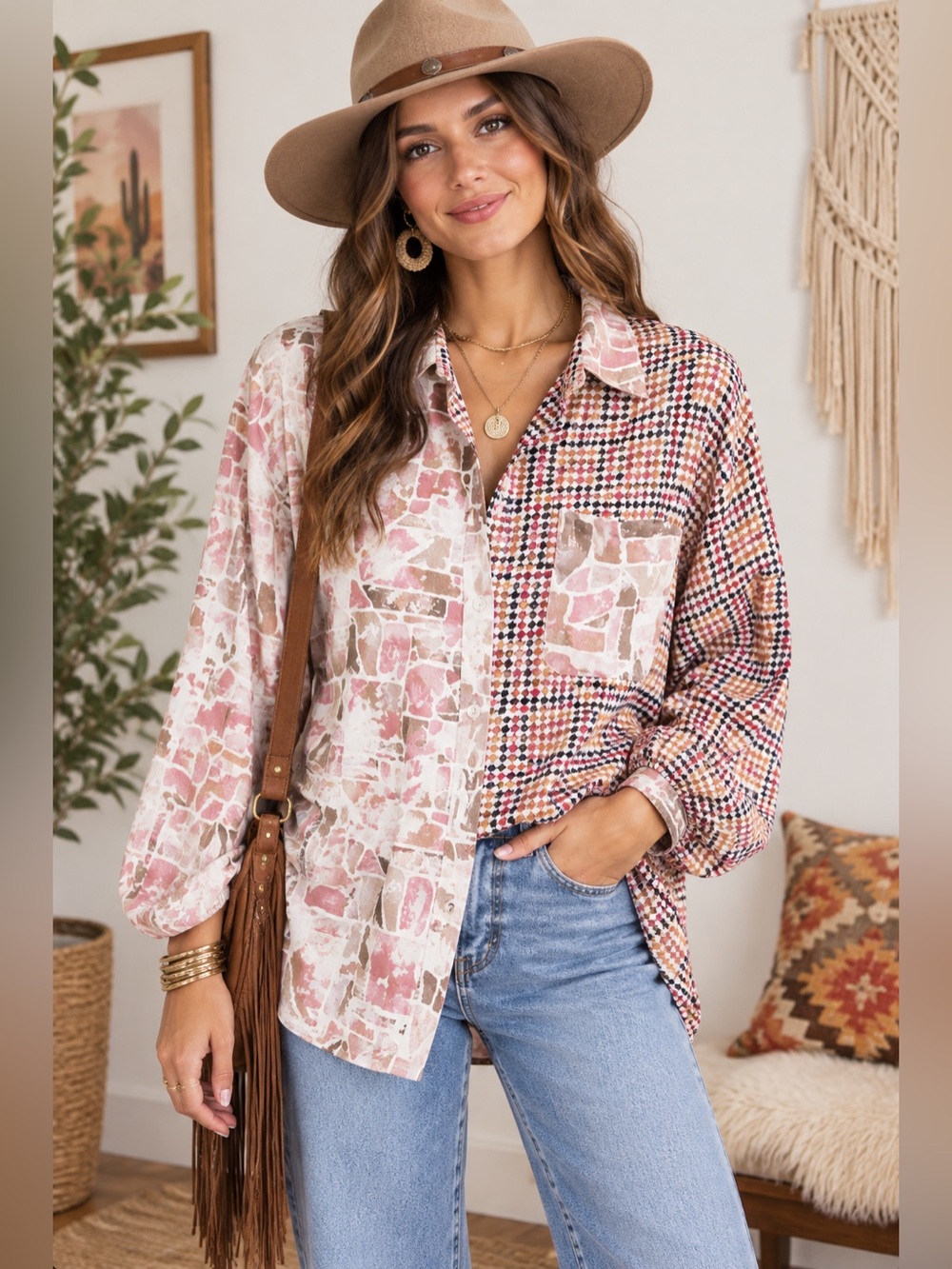 entro Colorful Patchwork Print Button Front Blouse Pink Brown Retro Boho M